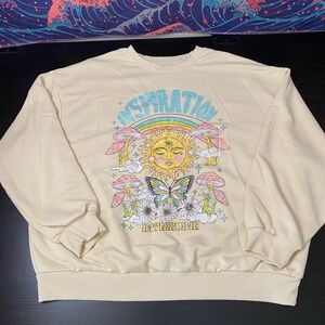 SHEIN Cream Crewneck Sweatshirt with Pastel Sun & Rainbow Graphic